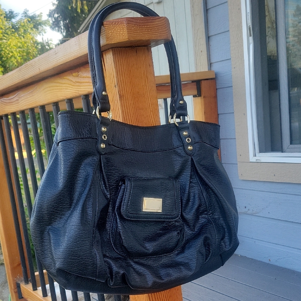 Juicy Couture Elegant Black Pebble Texture Leather, Blue Inside Shoulder Bag.